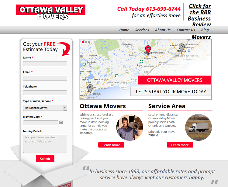 Screen capture of Ottawa Valley Movers website