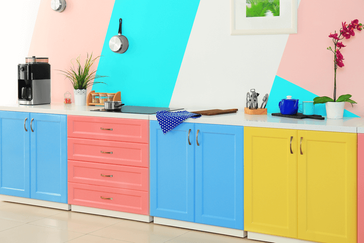 Colorful kitchen with painted cabinets