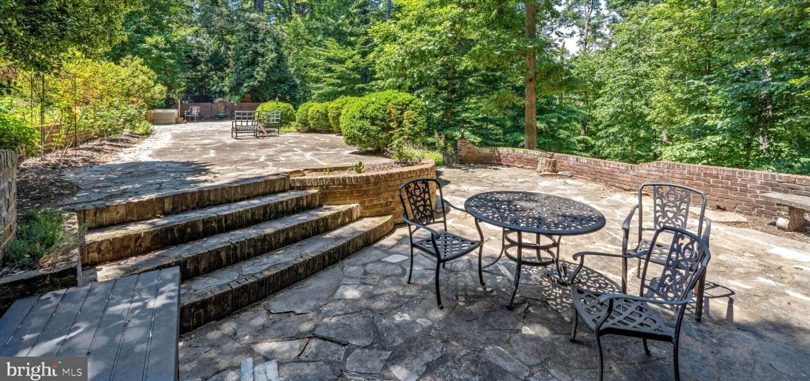 garden with stone sitting area outside a house for rent in Washington DC