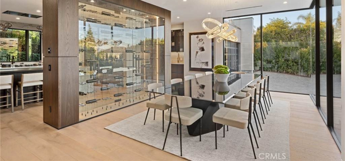 dining room with wine display in a luxury los angeles rental house