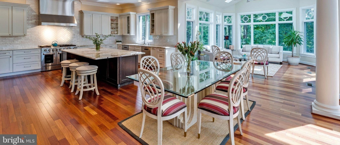 modern kitchen with dining area in an exquisite house for rent in Bethesda Maryland